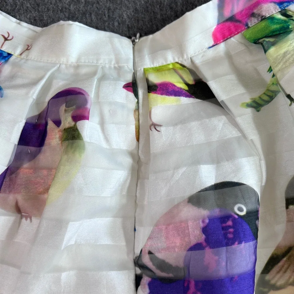 Chicwish White Bird Print Pleated Midi Skirt Small Colorful Whimsical A-Line